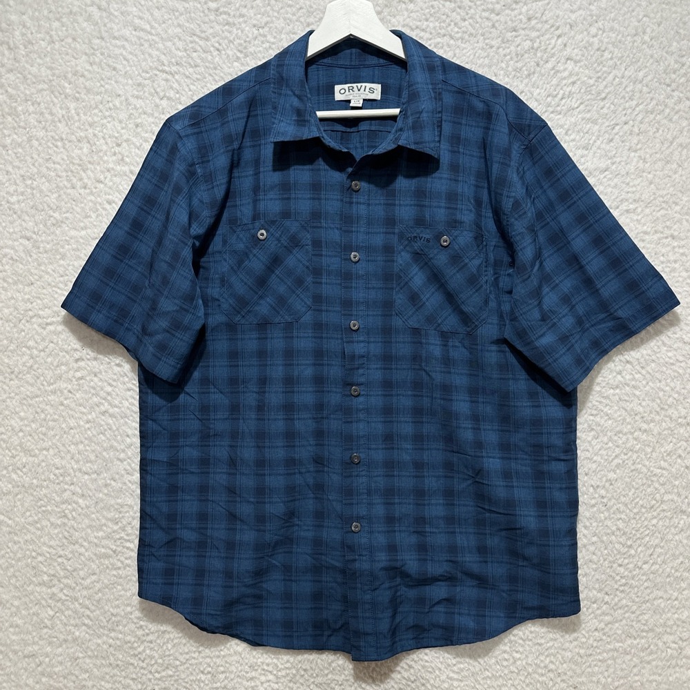 Orvis Men's L Short-Sleeve Button-Up Shirt‎ Blue Plaid Buttoned Chest Pockets